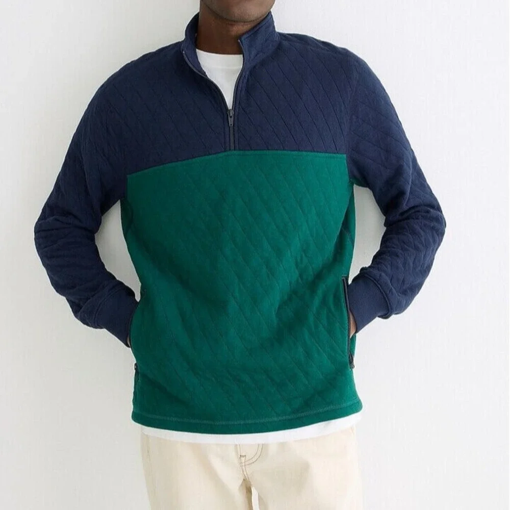 J.Crew Quilted Quarter Zip Pullover Color block Navy Blue Green Men's Medium